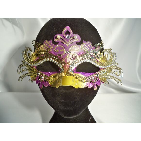Purple gold mask with or on stick prom party Halloween masquerade costume mask - Picture 3 of 7